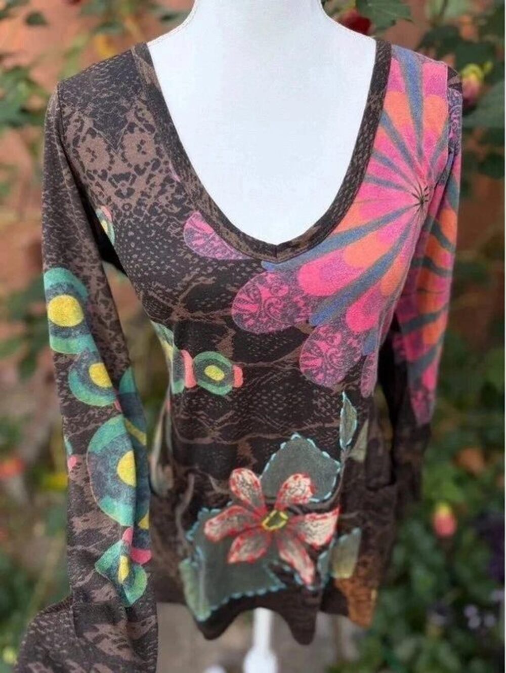 Desigual Boho Floral Print Long Sleeved Tunic Top Size XL (Measurements Below)